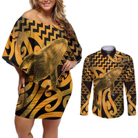 Humpback Whale Matariki New Zealand Couples Matching Off Shoulder Short Dress and Long Sleeve Button Shirt NZ Maori Paikea Poutama Luxury Gold LT14 Gold - Polynesian Pride