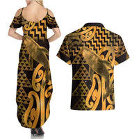 Humpback Whale Matariki New Zealand Couples Matching Summer Maxi Dress and Hawaiian Shirt NZ Maori Paikea Poutama Luxury Gold LT14 - Polynesian Pride
