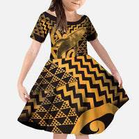 Humpback Whale Matariki New Zealand Family Matching Off Shoulder Maxi Dress and Hawaiian Shirt NZ Maori Paikea Poutama Luxury Gold LT14 Daughter's Dress Gold - Polynesian Pride