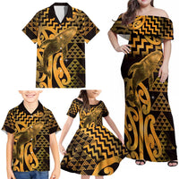 Humpback Whale Matariki New Zealand Family Matching Off Shoulder Maxi Dress and Hawaiian Shirt NZ Maori Paikea Poutama Luxury Gold LT14 - Polynesian Pride