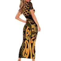 Humpback Whale Matariki New Zealand Short Sleeve Bodycon Dress NZ Maori Paikea Poutama Luxury Gold LT14 - Polynesian Pride