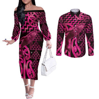 Humpback Whale Matariki New Zealand Couples Matching Off The Shoulder Long Sleeve Dress and Long Sleeve Button Shirt NZ Maori Paikea Poutama Luxury Pink LT14 Pink - Polynesian Pride