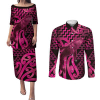 Humpback Whale Matariki New Zealand Couples Matching Puletasi and Long Sleeve Button Shirt NZ Maori Paikea Poutama Luxury Pink LT14 Pink - Polynesian Pride