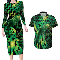 Humpback Whale Matariki New Zealand Couples Matching Long Sleeve Bodycon Dress and Hawaiian Shirt NZ Maori Paikea Poutama Luxury Green LT14 Green - Polynesian Pride