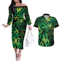 Humpback Whale Matariki New Zealand Couples Matching Off The Shoulder Long Sleeve Dress and Hawaiian Shirt NZ Maori Paikea Poutama Luxury Green LT14 Green - Polynesian Pride