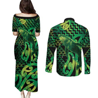 Humpback Whale Matariki New Zealand Couples Matching Puletasi and Long Sleeve Button Shirt NZ Maori Paikea Poutama Luxury Green LT14 - Polynesian Pride