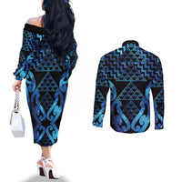 Taniko Motifs Matariki New Zealand Couples Matching Off The Shoulder Long Sleeve Dress and Long Sleeve Button Shirt NZ Niho Taniwha Poutama LT14 - Polynesian Pride