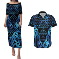 Taniko Motifs Matariki New Zealand Couples Matching Puletasi and Hawaiian Shirt NZ Niho Taniwha Poutama LT14 Blue - Polynesian Pride