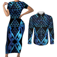 Taniko Motifs Matariki New Zealand Couples Matching Short Sleeve Bodycon Dress and Long Sleeve Button Shirt NZ Niho Taniwha Poutama LT14 Blue - Polynesian Pride
