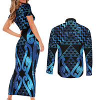 Taniko Motifs Matariki New Zealand Couples Matching Short Sleeve Bodycon Dress and Long Sleeve Button Shirt NZ Niho Taniwha Poutama LT14 - Polynesian Pride