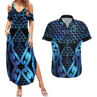 Taniko Motifs Matariki New Zealand Couples Matching Summer Maxi Dress and Hawaiian Shirt NZ Niho Taniwha Poutama LT14 Blue - Polynesian Pride