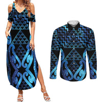 Taniko Motifs Matariki New Zealand Couples Matching Summer Maxi Dress and Long Sleeve Button Shirt NZ Niho Taniwha Poutama LT14 Blue - Polynesian Pride