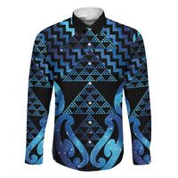Taniko Motifs Matariki New Zealand Family Matching Puletasi and Hawaiian Shirt NZ Niho Taniwha Poutama LT14 Dad's Shirt - Long Sleeve Blue - Polynesian Pride