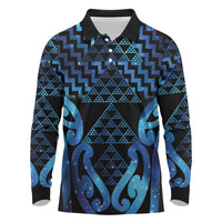 Taniko Motifs Matariki New Zealand Long Sleeve Polo Shirt NZ Niho Taniwha Poutama LT14 Blue - Polynesian Pride
