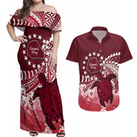 Cook Islands Mangaia Gospel Day Couples Matching Off Shoulder Maxi Dress and Hawaiian Shirt Polynesian Art With Sea Turtle LT14 Maroon - Polynesian Pride