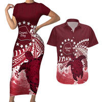 Cook Islands Mangaia Gospel Day Couples Matching Short Sleeve Bodycon Dress and Hawaiian Shirt Polynesian Art With Sea Turtle LT14 Maroon - Polynesian Pride