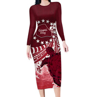 Cook Islands Mangaia Gospel Day Family Matching Long Sleeve Bodycon Dress and Hawaiian Shirt Polynesian Art With Sea Turtle LT14 Mom's Dress Maroon - Polynesian Pride