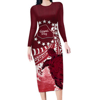 Cook Islands Mangaia Gospel Day Long Sleeve Bodycon Dress Polynesian Art With Sea Turtle LT14 Long Dress Maroon - Polynesian Pride