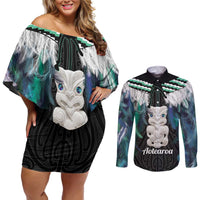Aotearoa Korowai Motif Couples Matching Off Shoulder Short Dress and Long Sleeve Button Shirt Hei Tiki Poutama Maori Pattern LT14 Turquoise - Polynesian Pride