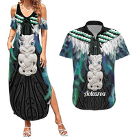 Aotearoa Korowai Motif Couples Matching Summer Maxi Dress and Hawaiian Shirt Hei Tiki Poutama Maori Pattern LT14 Turquoise - Polynesian Pride