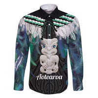 Aotearoa Korowai Motif Family Matching Off Shoulder Maxi Dress and Hawaiian Shirt Hei Tiki Poutama Maori Pattern LT14 Dad's Shirt - Long Sleeve Turquoise - Polynesian Pride