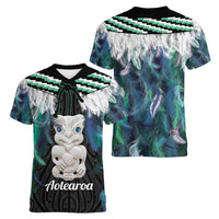 Aotearoa Korowai Motif Women V-Neck T-Shirt Hei Tiki Poutama Maori Pattern LT14 - Polynesian Pride
