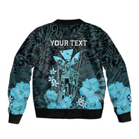 Personalised King Kamehameha Day Hawaii Sleeve Zip Bomber Jacket Polynesia Tribal Kanaka And Hibiscus Turquoise LT14 - Polynesian Pride