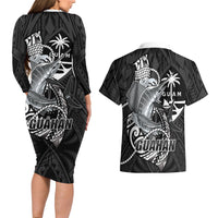 Guam Blue Marlin Fishing Couples Matching Long Sleeve Bodycon Dress and Hawaiian Shirt Guahan Fish Hook Tattoo Black Version LT14 - Polynesian Pride