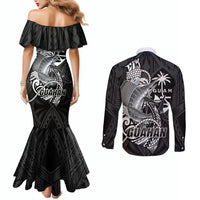 Guam Blue Marlin Fishing Couples Matching Mermaid Dress and Long Sleeve Button Shirt Guahan Fish Hook Tattoo Black Version LT14 - Polynesian Pride
