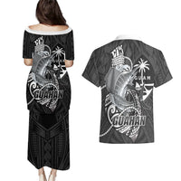 Guam Blue Marlin Fishing Couples Matching Puletasi and Hawaiian Shirt Guahan Fish Hook Tattoo Black Version LT14 - Polynesian Pride