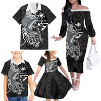 Guam Blue Marlin Fishing Family Matching Off The Shoulder Long Sleeve Dress and Hawaiian Shirt Guahan Fish Hook Tattoo Black Version LT14 - Polynesian Pride