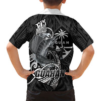 Guam Blue Marlin Fishing Family Matching Off Shoulder Short Dress and Hawaiian Shirt Guahan Fish Hook Tattoo Black Version LT14 - Polynesian Pride