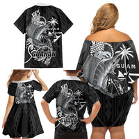 Guam Blue Marlin Fishing Family Matching Off Shoulder Short Dress and Hawaiian Shirt Guahan Fish Hook Tattoo Black Version LT14 - Polynesian Pride