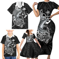 Guam Blue Marlin Fishing Family Matching Short Sleeve Bodycon Dress and Hawaiian Shirt Guahan Fish Hook Tattoo Black Version LT14 - Polynesian Pride