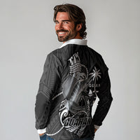Guam Blue Marlin Fishing Long Sleeve Polo Shirt Guahan Fish Hook Tattoo Black Version