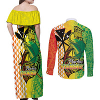 Hawaii Blue Marlin Fishing Couples Matching Off Shoulder Maxi Dress and Long Sleeve Button Shirt Hawaiian Kanaka Kakau Reggae LT14 - Polynesian Pride