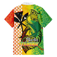 Hawaii Blue Marlin Fishing Family Matching Off Shoulder Short Dress and Hawaiian Shirt Hawaiian Kanaka Kakau Reggae LT14 - Polynesian Pride