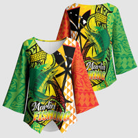 Hawaii Blue Marlin Fishing Kimono Sleeve Blouse Hawaiian Kanaka Kakau Reggae