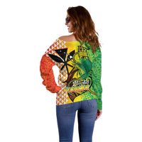Hawaii Blue Marlin Fishing Off Shoulder Sweater Hawaiian Kanaka Kakau Reggae