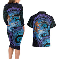 Personalised Blue Marlin Fishing New Zealand Couples Matching Long Sleeve Bodycon Dress and Hawaiian Shirt NZ Kiwi Cowboy Born To Fish LT14 - Polynesian Pride
