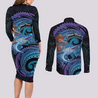 Personalised Blue Marlin Fishing New Zealand Couples Matching Long Sleeve Bodycon Dress and Long Sleeve Button Shirt NZ Kiwi Cowboy Born To Fish LT14 - Polynesian Pride