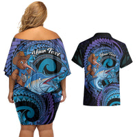 Personalised Blue Marlin Fishing New Zealand Couples Matching Off Shoulder Short Dress and Hawaiian Shirt NZ Kiwi Cowboy Born To Fish LT14 - Polynesian Pride