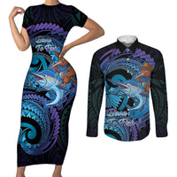 Personalised Blue Marlin Fishing New Zealand Couples Matching Short Sleeve Bodycon Dress and Long Sleeve Button Shirt NZ Kiwi Cowboy Born To Fish LT14 Purple - Polynesian Pride