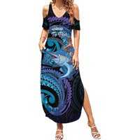 Personalised Blue Marlin Fishing New Zealand Family Matching Summer Maxi Dress and Hawaiian Shirt NZ Kiwi Cowboy Born To Fish LT14 Mom's Dress Purple - Polynesian Pride