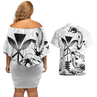 Japan And Hawaii Couples Matching Off Shoulder Short Dress and Hawaiian Shirt Sakura Koi Fish Hawaiian Lei Kanaka - Polynesian Pride