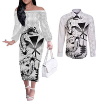 Japan And Hawaii Couples Matching Off The Shoulder Long Sleeve Dress and Long Sleeve Button Shirt Sakura Koi Fish Hawaiian Lei Kanaka - Polynesian Pride