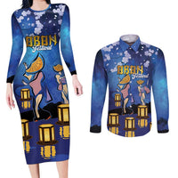 Japan Obon Festival Couples Matching Long Sleeve Bodycon Dress and Long Sleeve Button Shirt Sakura Lanterns With Bon Dance LT14 Blue - Polynesian Pride