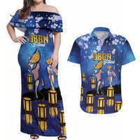 Japan Obon Festival Couples Matching Off Shoulder Maxi Dress and Hawaiian Shirt Sakura Lanterns With Bon Dance LT14 Blue - Polynesian Pride