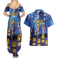 Japan Obon Festival Couples Matching Summer Maxi Dress and Hawaiian Shirt Sakura Lanterns With Bon Dance LT14 - Polynesian Pride