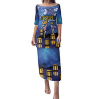 Japan Obon Festival Family Matching Puletasi and Hawaiian Shirt Sakura Lanterns With Bon Dance LT14 Mom's Dress Blue - Polynesian Pride